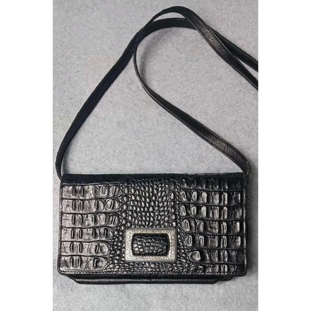 Brighton Black Croc Embossed Leather Crossbody Organizer Purse Silver Hardware - Picture 3 of 14